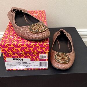 Tory Burch Textured Brown Flats with Gold Logo
